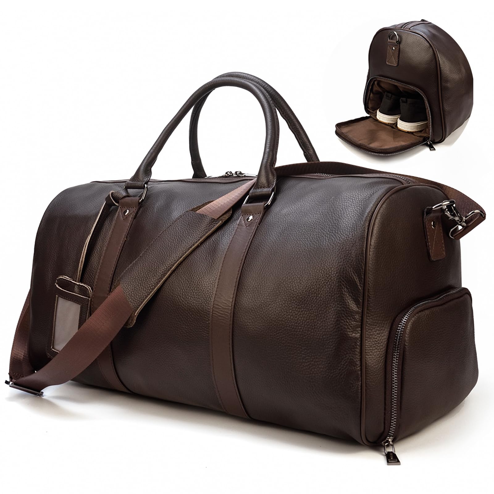 Photo 1 of Yevabo Genuine Leather Duffel Bag for Men & Women, Cabin Friendly Carry-On Weekender Bag for Gym Travel Overnight Trips, Brown