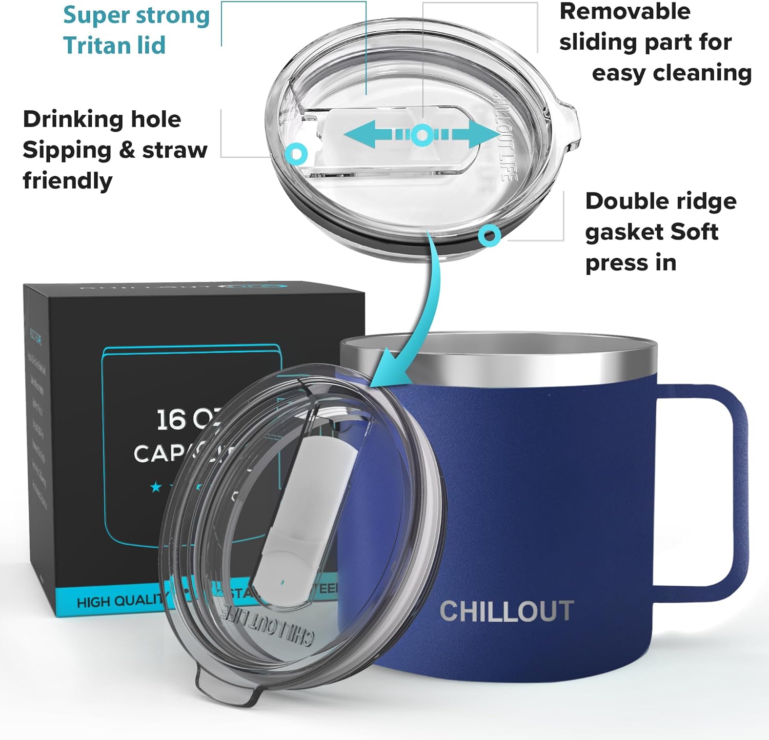 CHILLOUT LIFE Stainless Steel 16 oz Vacuum Insulated Coffee Mug with Handle and Lid, Large Thermal Camping Coffee Mug Cup with Durable Sliding Top for Men & Women - Keeps Beverages Hot/Cold - Image 4