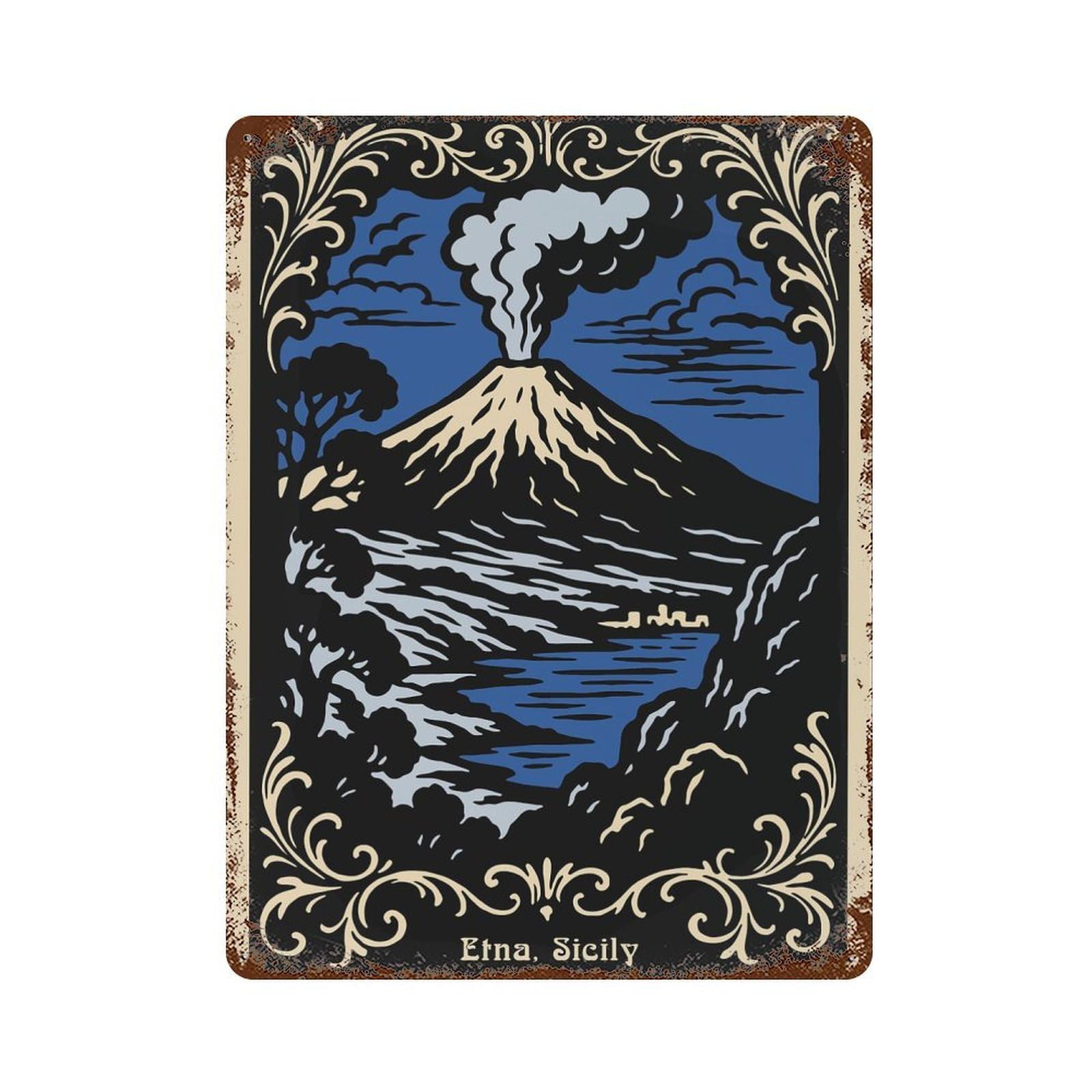 Etna, Sicily Volcanic Landscape Art Distressed Metal Wall Sign 15.7"x11.8", Ideal for Patio, Garden Room And Bar Decor
