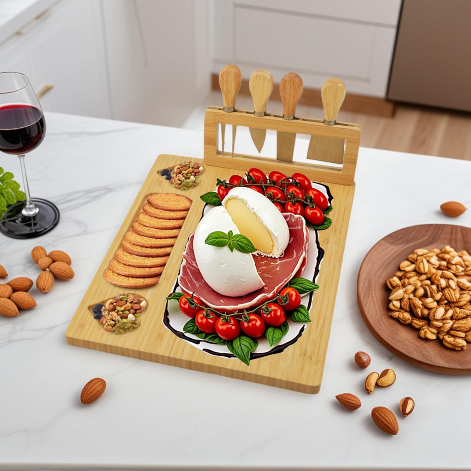 Tabla de Quesos y Set de 4 Cuchillos - Personalizado Tabla para Quesos y Aperitivos, Tabla Embutidos de bambú para Picoteo en Casa, Inauguración, Navidad, Bodas, Cumpleaños, Aniversarios