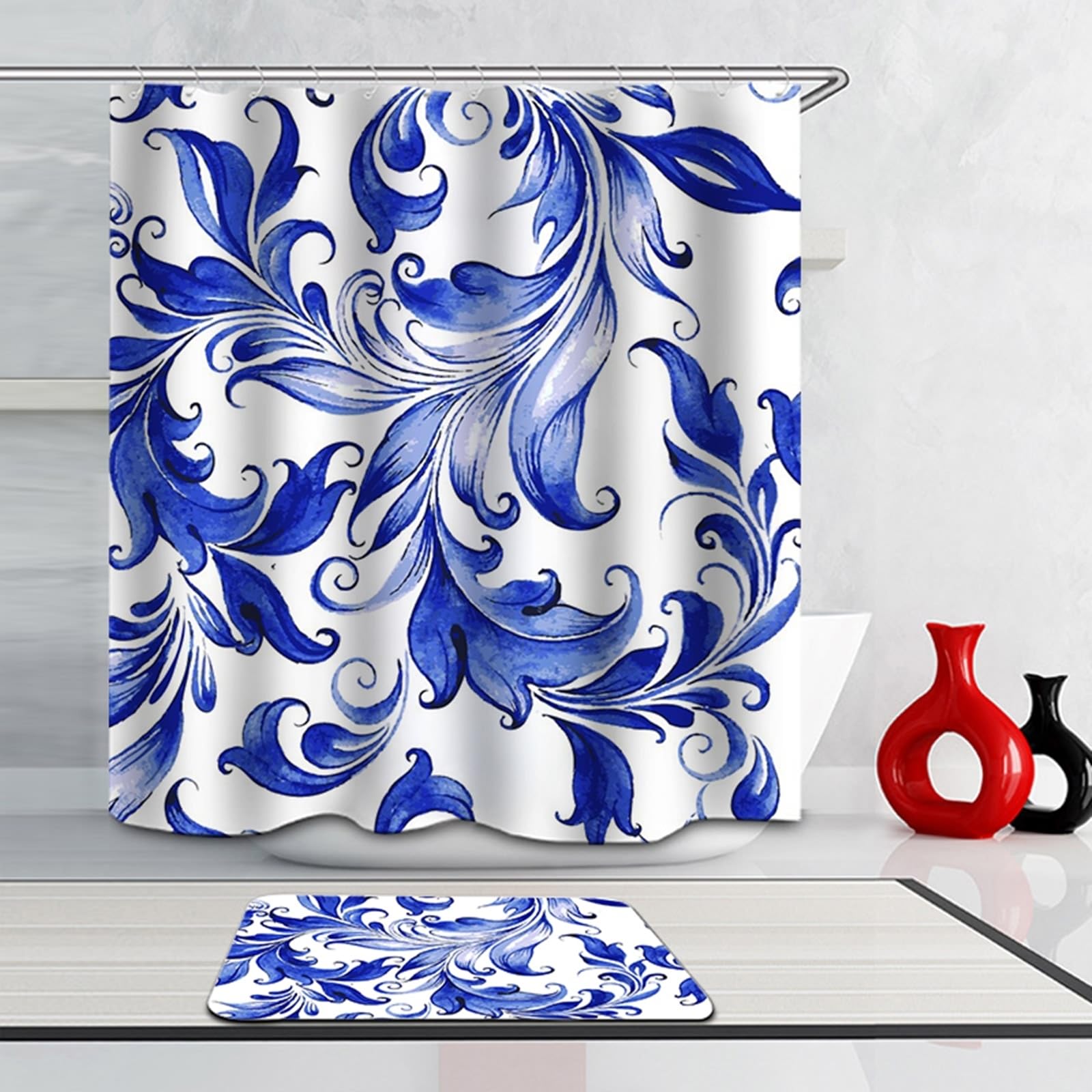 Cortina de ducha de 180 x 200 cm textil azul blanco y azul con diseño de hojas, cortina de baño, tela de poliéster, resistente al moho, lavable, 1,8 x 2 m de largo (ancho x alto), incluye