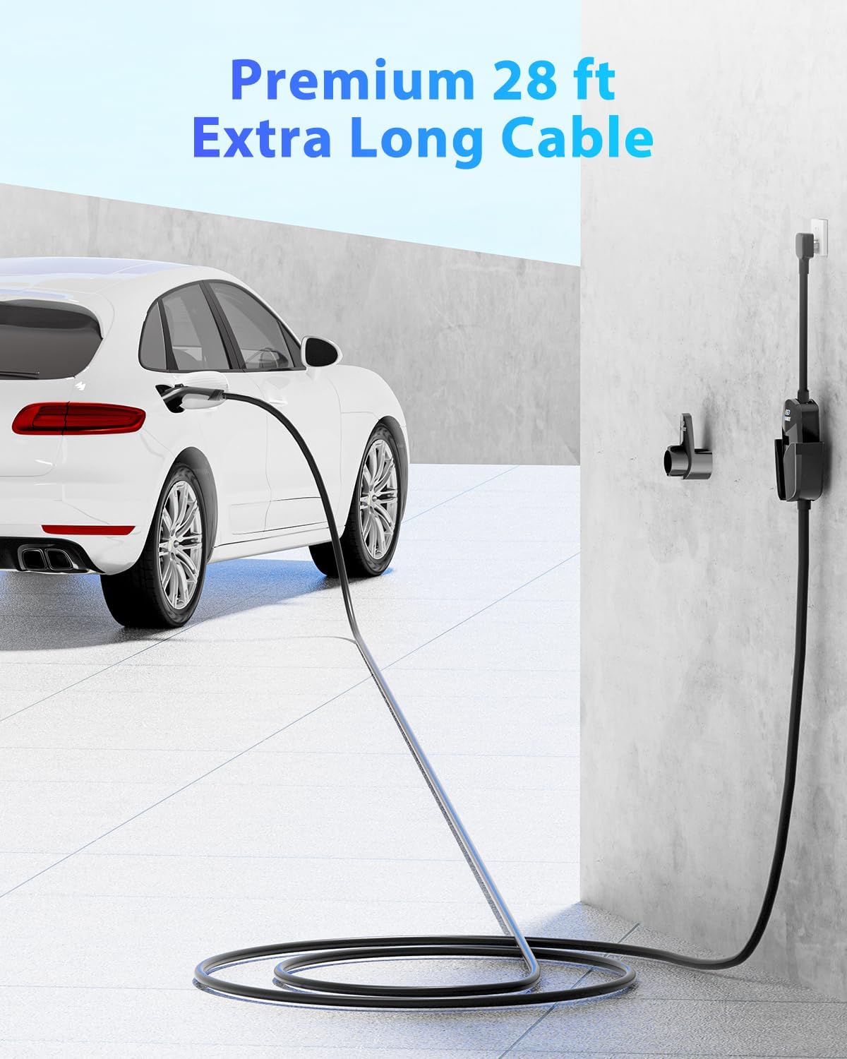 EV charger mounted on a wall with the cable extending to a car