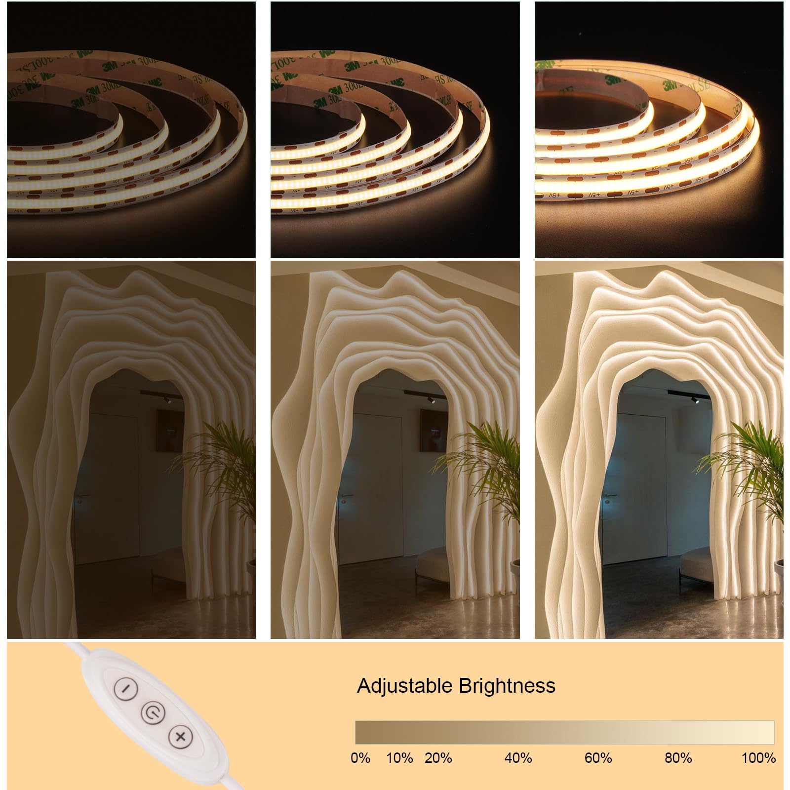3m Ruban Led COB USB 5 V, Blanc Chaud à Intensité Variable CRI85