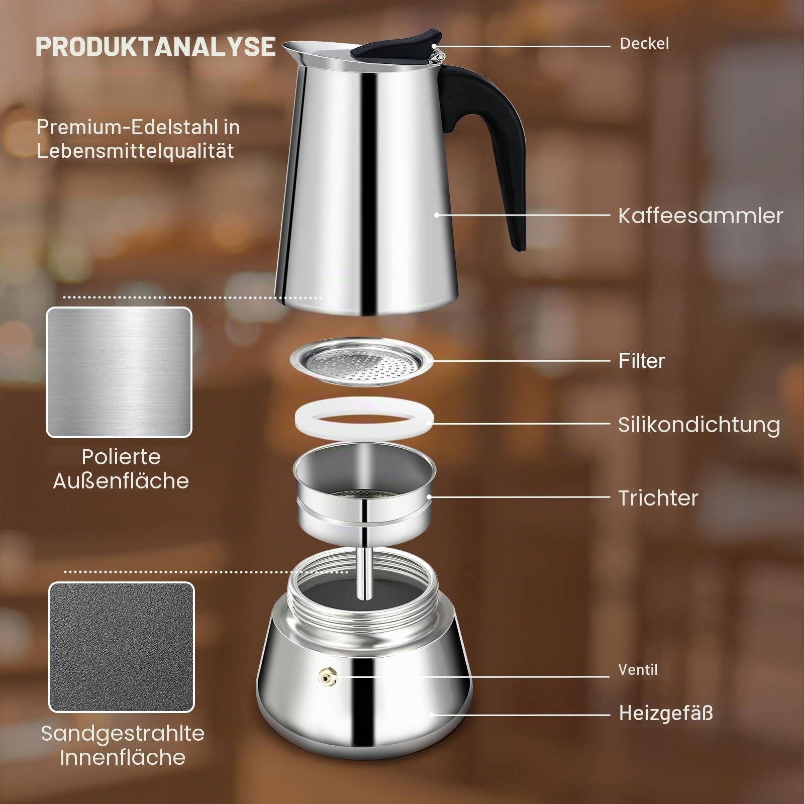 4 Tasse Espressokocher Edelstahl Moka Pot Espresso Maker Perkolator Italienische Kaffeemaschine Mokka Kaffeemaschine Cafe Classic Maker für Haus und Camping 200ml 6.6oz