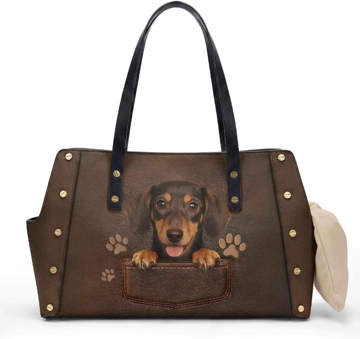 Paw Dachshund Print Dog Purse Carrier Waterproof Leather Pet Carrier Purse Portable Dog Bag Carrier Tote Purse Cute Pet Travel Shoulder Bag with Cushion