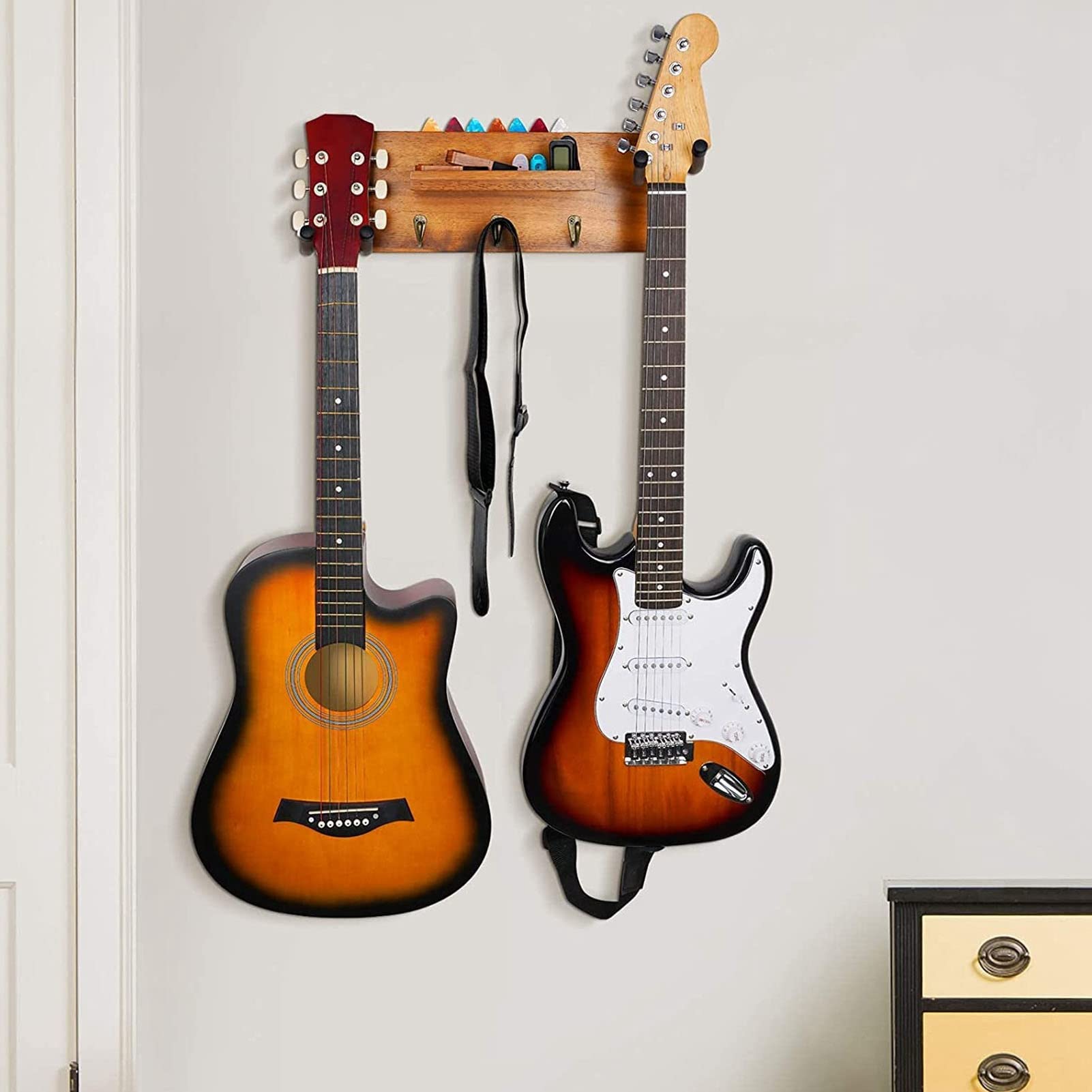 Soporte para estante de pared para guitarra, estante de madera con marco de hierro y almohadillas de silicona, soporte de guitarra multifunción 4 en 1 para guitarras acústicas y
