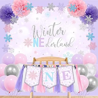 Winter Onederland Birthday Decorations Winter Onederland Highchair Banner Winter Onederland 1st Birthday Boy Decorations Highchair Banner Balloon Garland for Winter Baby 1st Birthday Party(Purple)