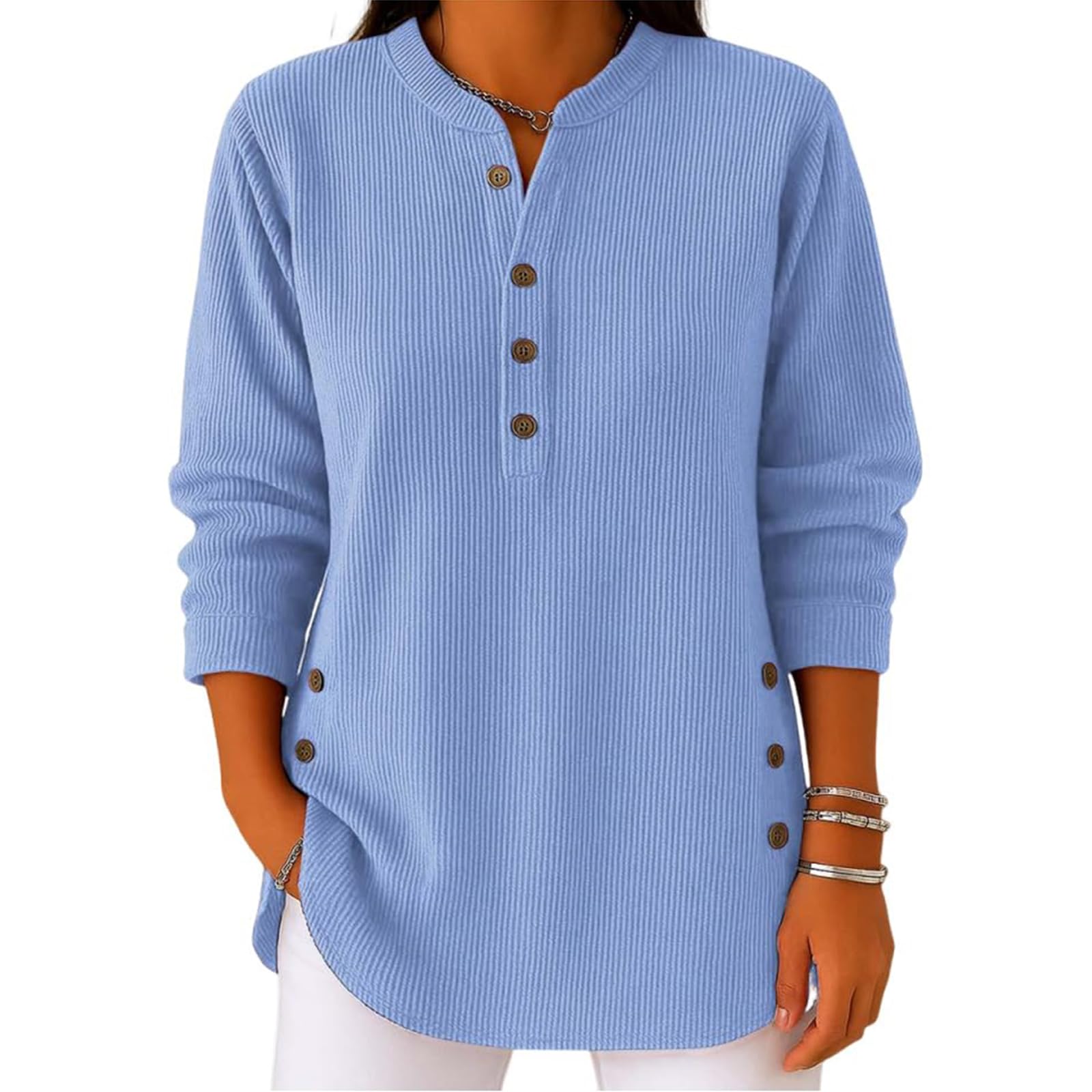 Womens Solid Color Crew Neck Long Sleeve Casual Loose Knit Pullover Loose Knitted Sweater Button Long Sleeve Top