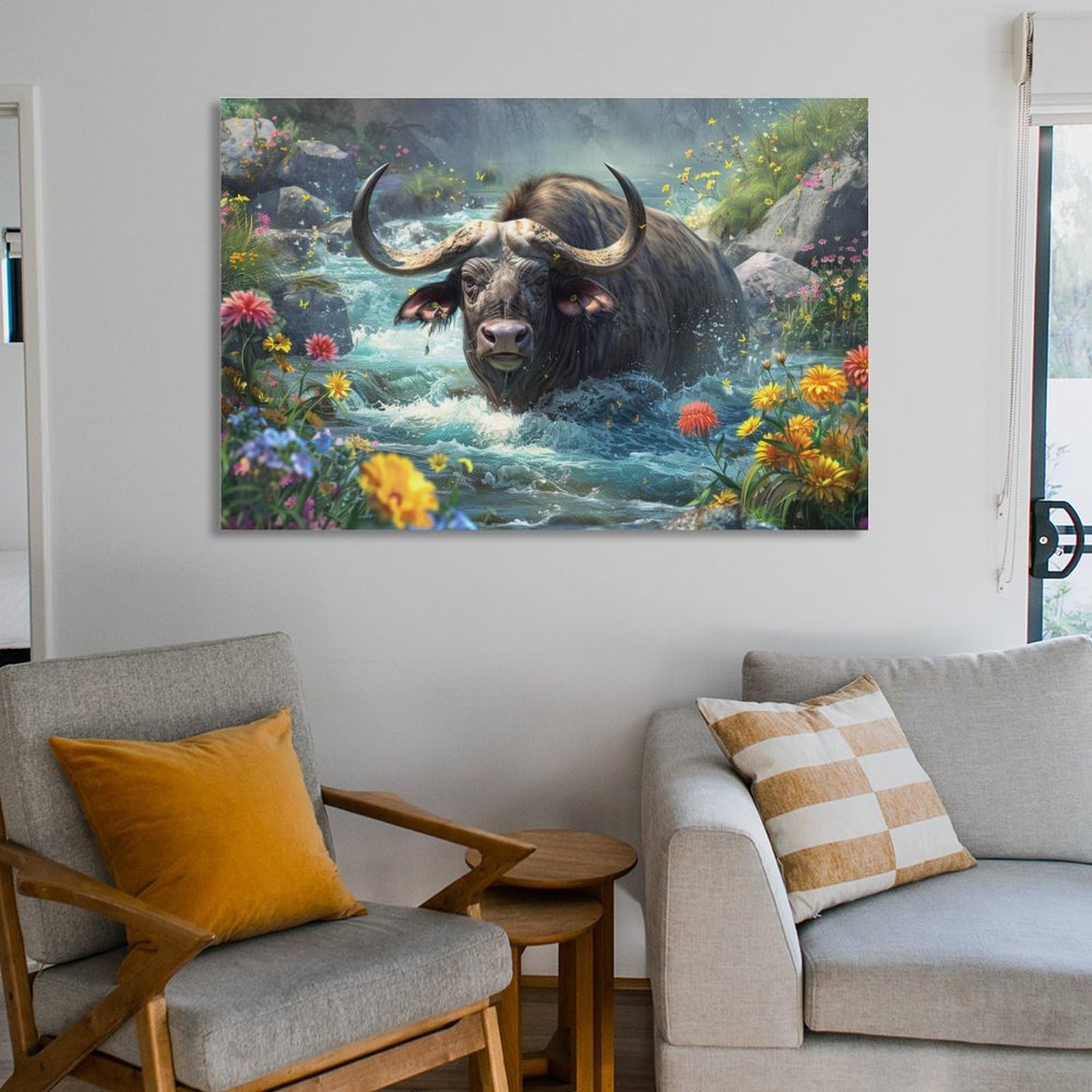 Amazon.co.jp: 絵画 川のほとりに佇む雄大な水牛 アートパネル