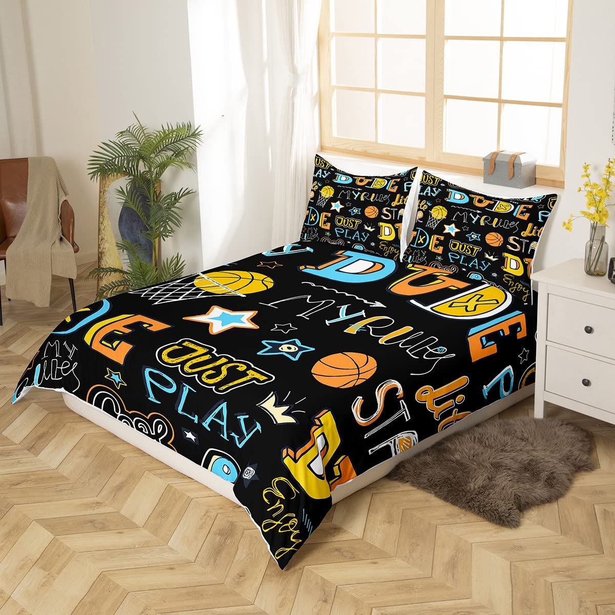 Basketbal beddengoedset, 3D-bal sport hoeslaken voor jongens, meisjes, vrouwen, mannen, blauw, eten, slapen, basketbal, lakenset, balspelen, eenpersoons formaat, 2 stuks