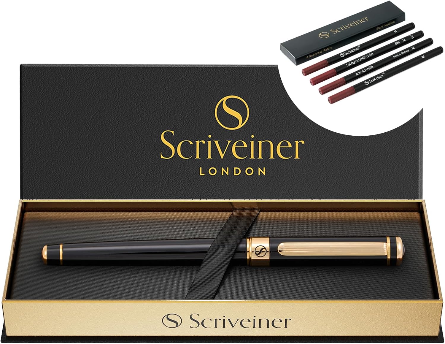 Scriveiner Black Lacquer Rollerball Pen - Stunning Luxury Pen, Real Gold Plating Bundle with Rollerball Refill Black Medium - 4 Refills in one Box