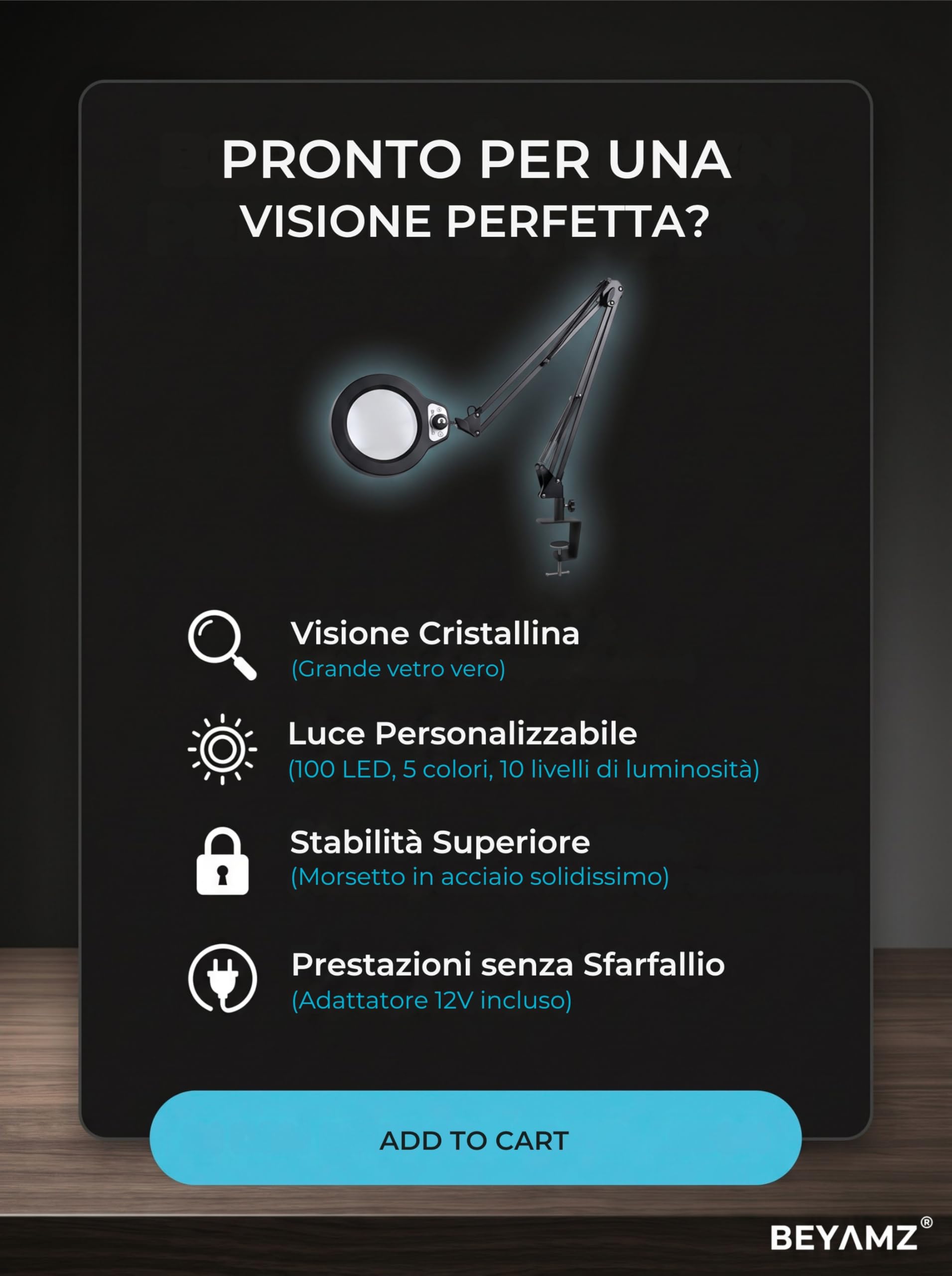 Lampada Lente d'Ingrandimento con Morsetto, Grande Lente 5D | Vetro 12,5 cm, 100 LED, 5 Colori, Manopola Sulla Testa, Braccio 1 M, Alimentatore 12V, Morsetto 6,4 cm, Precisione
