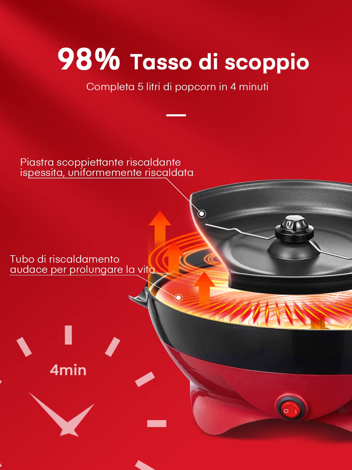 FOHERE Macchina Popcorn - 5L Grande Macchina per Pop Corn Retrò da - Pop Corn Macchina con Rivestimento Antiaderente e Superficie Riscaldante Rimovibile - Silenziosa e Veloce (Rosso)