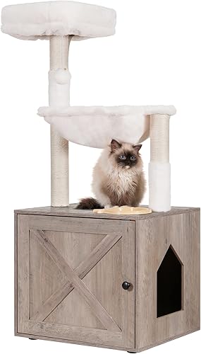 Miniatura 1 de Hey-brother Árbol para gatos con caja de arena, torre para gatos todo en uno para gatos de interior con hamaca grande, cama, estación de alimentos,