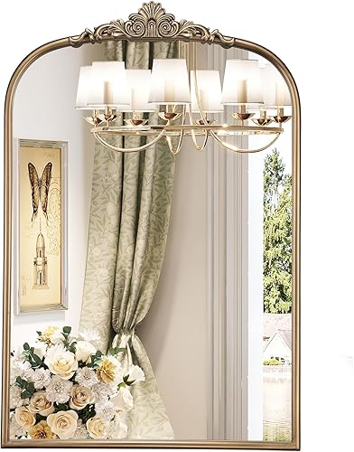 Espejo arqueado dorado antiguo de 24 x 36 pulgadas para pared, espejo de baño de latón vintage con marco de metal, espejo de tocador dorado adornado