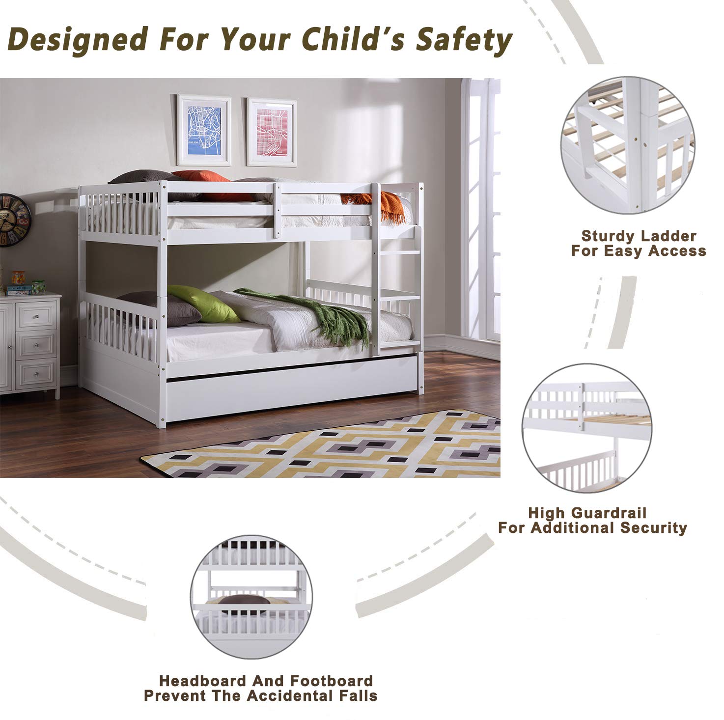 Full Over Full Bunk Bed with Trundle, Pine Wood Bunk Beds Full Over