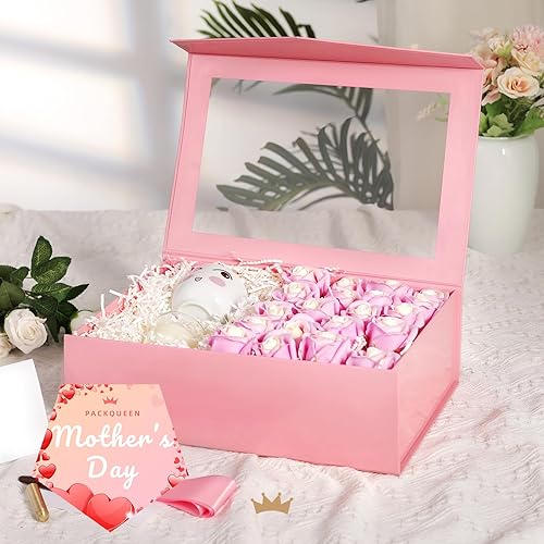 Miniatura 4 de PACKQUEEN Caja de regalo grande rosa con ventana, 13.5x9x4.1 pulgadas, caja de regalo transparente para el Día de la Madre con cinta, tarjeta