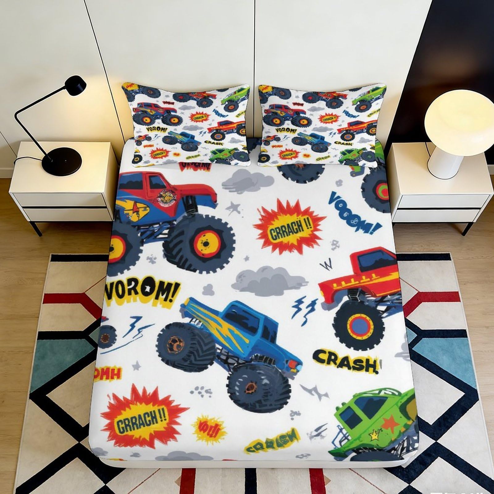 3D Printed Monster Truck Fitted Sheet Microfiber Deep Pocket Non-Slip Bedroom Bedding Monster Truck Mattress Fitted Cover 200x200x25cm 90x200x25cm
