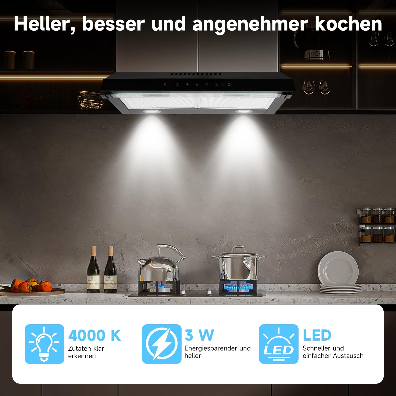 Dunstabzugshaube 60cm Unterbauhauben Abzugshaube | Unterbau Dunstabzug Touch-Steuerung Aluminiumfilter Abluft 200m³/h Luftstrom Edelstahl Schwarz