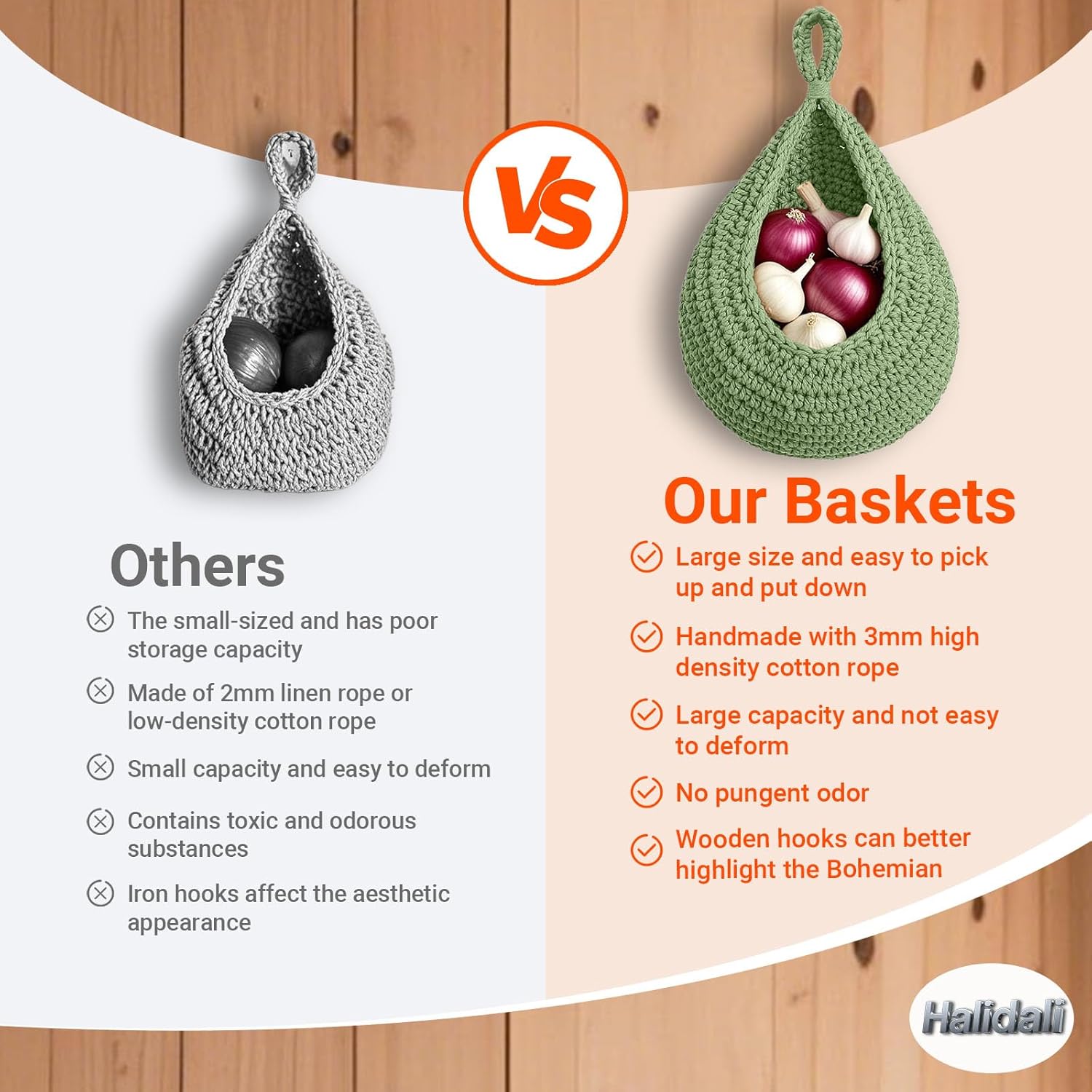Halidali Hanging Fruit Baskets for Kitchen, 3 Pack Boho Cotton Rope Handwoven Vegetable Storage Wall Mounted Large Organizing Basket for Farmhouse Decor, Onion, Potato, Garlic and Plants (Green)