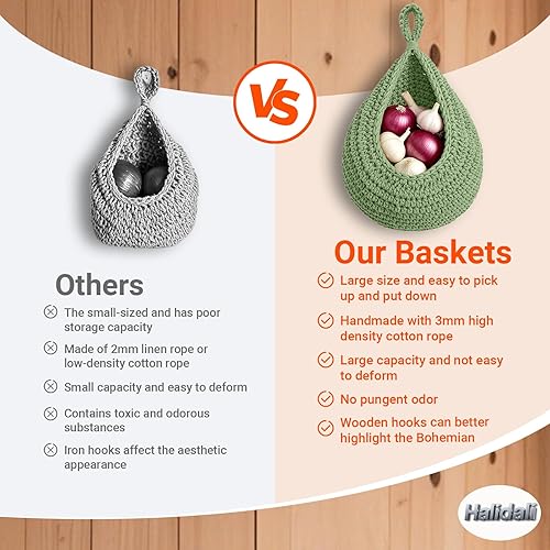 Miniatura 3 de Cestas colgantes de frutas para cocina, paquete de 3 unidades, cuerda de algodón bohemia tejida a mano, almacenamiento de verduras, cesta