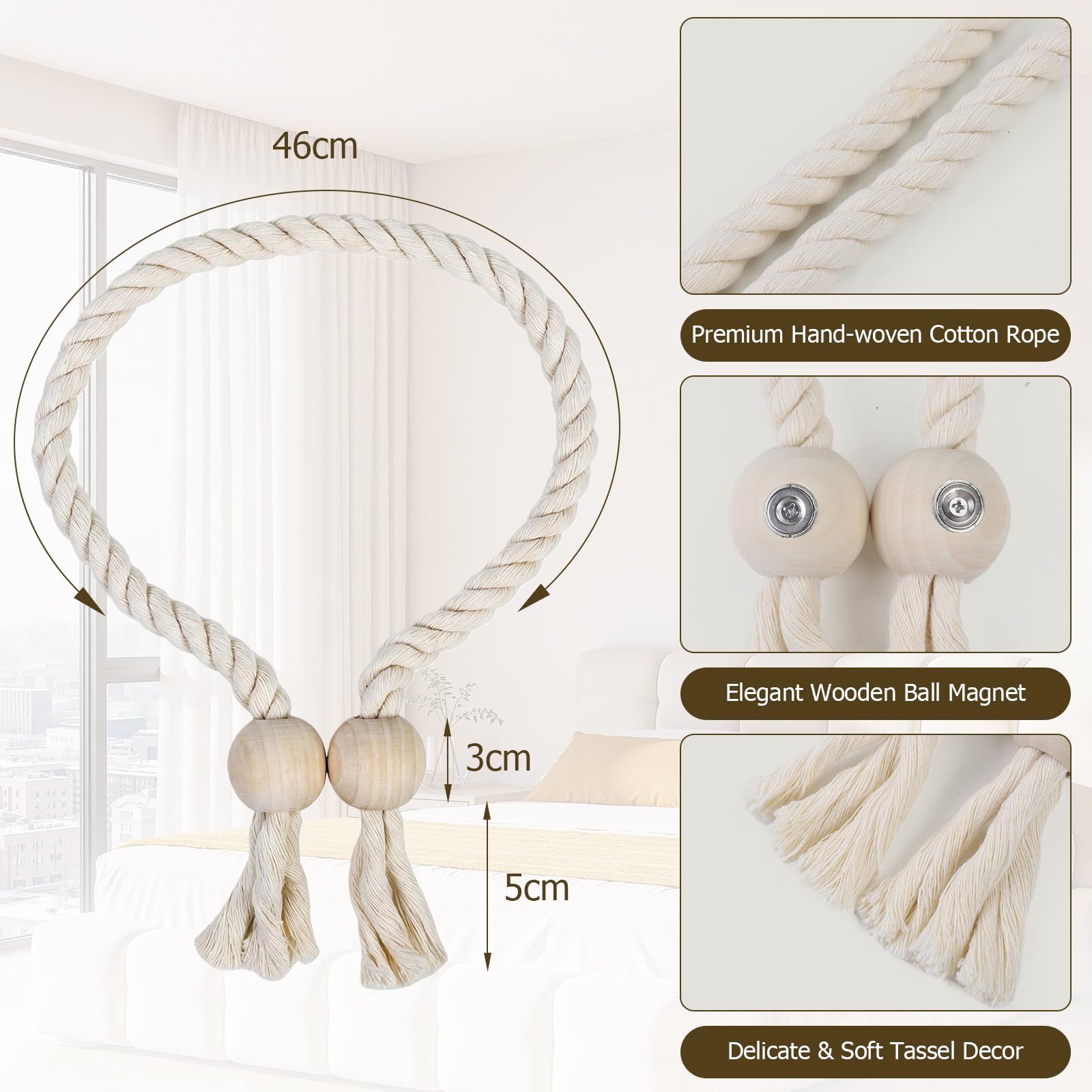 OTraki Lot de 4 Embrasse pour Rideaux Magnétique, Attaches Rideau en Coton tissé à la Main, Pince Rideau sans Percage pour Tous Types de Rideaux (Beige)
