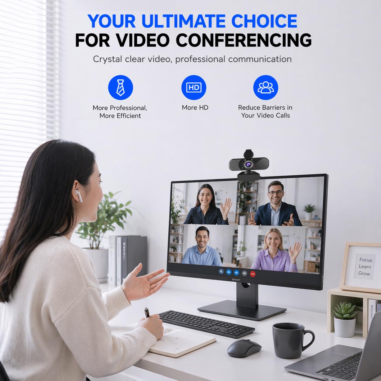 Webcam USB 1080P con doppio microfono e copertura per la privacy, autofocus plug-and-play, grandangolo, luce bassa, clip regolabile e treppiede da 1/4", per Zoom/Teams/Google Meet/OBS su