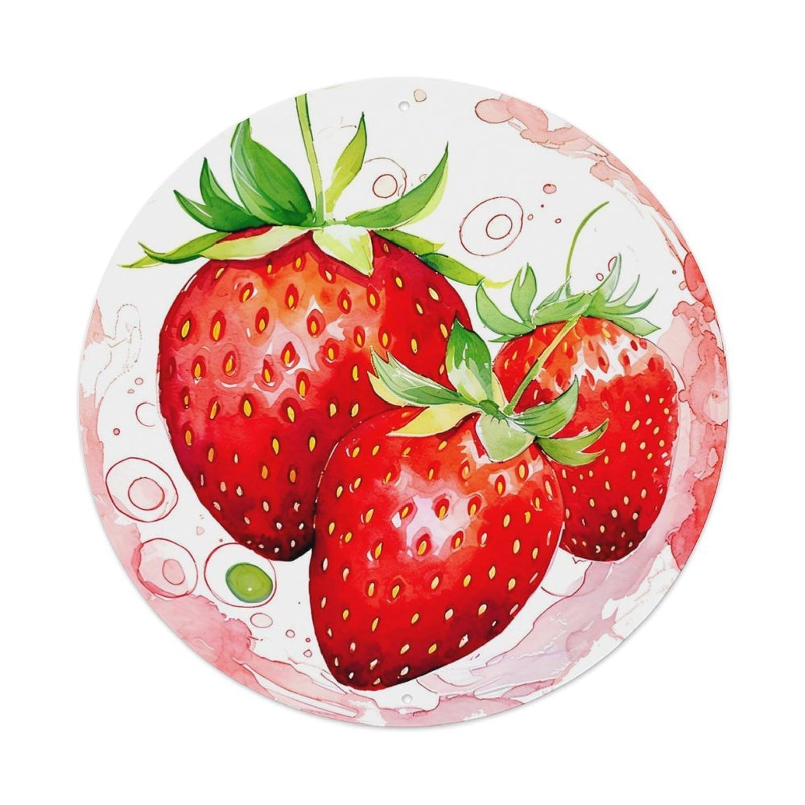 Red Strawberries With Green Leaves Vintage Metal Tin Sign Retro Wall Decor for Home Bar Garage Cafe, Indoor & Outdoor Decorative，circle Metal Poster, 8x8 Inch