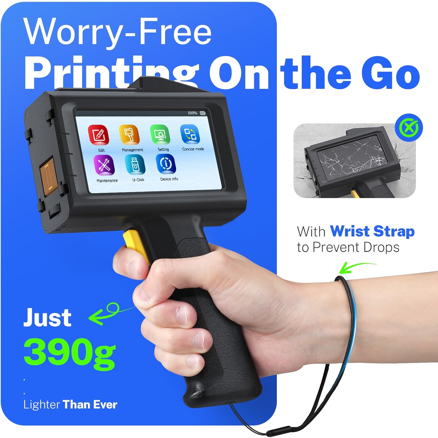 0.5 Inches Print Height Intelligent Handheld Inkjet Printer Lasts 16H Weighs Only 390g for Batch Code Date Lot Number Print on Plastic Carton Wood Metal Glass Aluminum with 42ml Fast Dry Ink