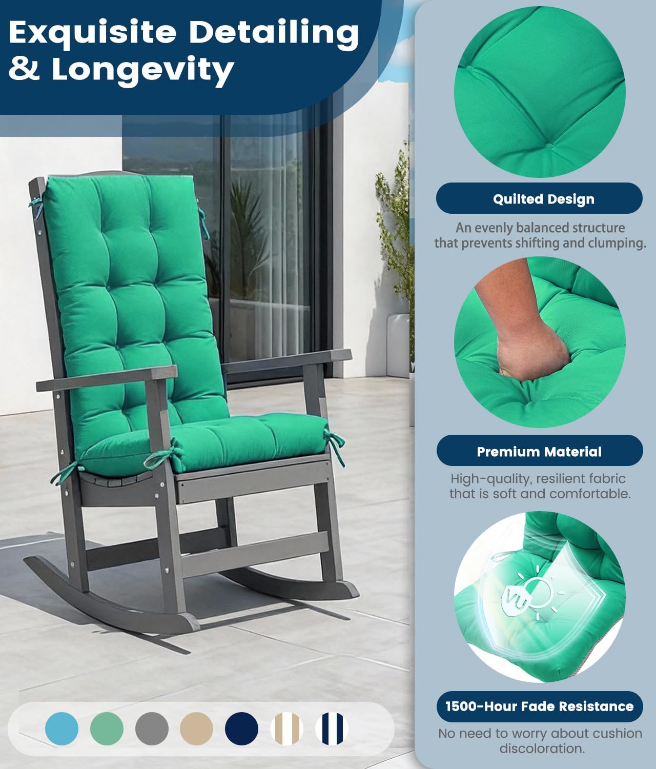 FOOWIN Rocking Chair Cushion Set of 2, Thickened Outdoor Chair Cushion,30×19.6×5.14 Inches, Rocking Chair Cushions Outdoor with Ties, Waterproof & UV-Protected, for Indoor Outdoor,Lake Green
