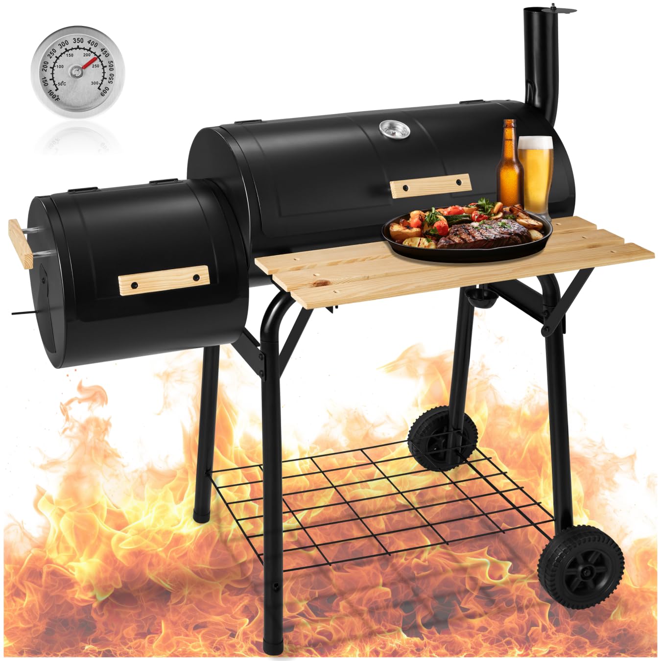 TecTake® Barbacoa de Carbón con Ahumador y Ruedas, Parrilla Acero Inoxidable, Termómetro Incorporado, Estructura Estable Móvil, BBQ Grill Exterior Grande con Tapa, Asador para Jardín, Camping