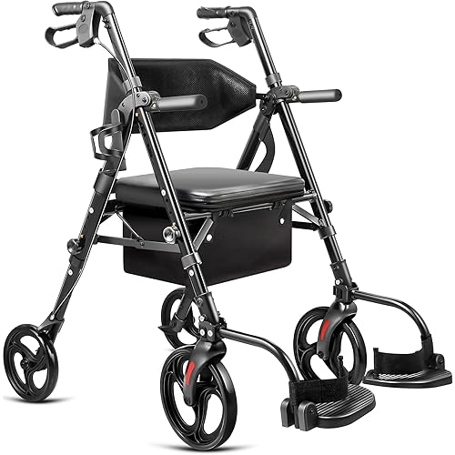 2-in-1 Rollator Walker with Seat & Extra Wide Backrest, Foldable Rolling Walker Featuring All-Terrain 10-Inch Front Wheels and 8-Inch Rear Wheels for Seniors, Supports Up to 300 lbs