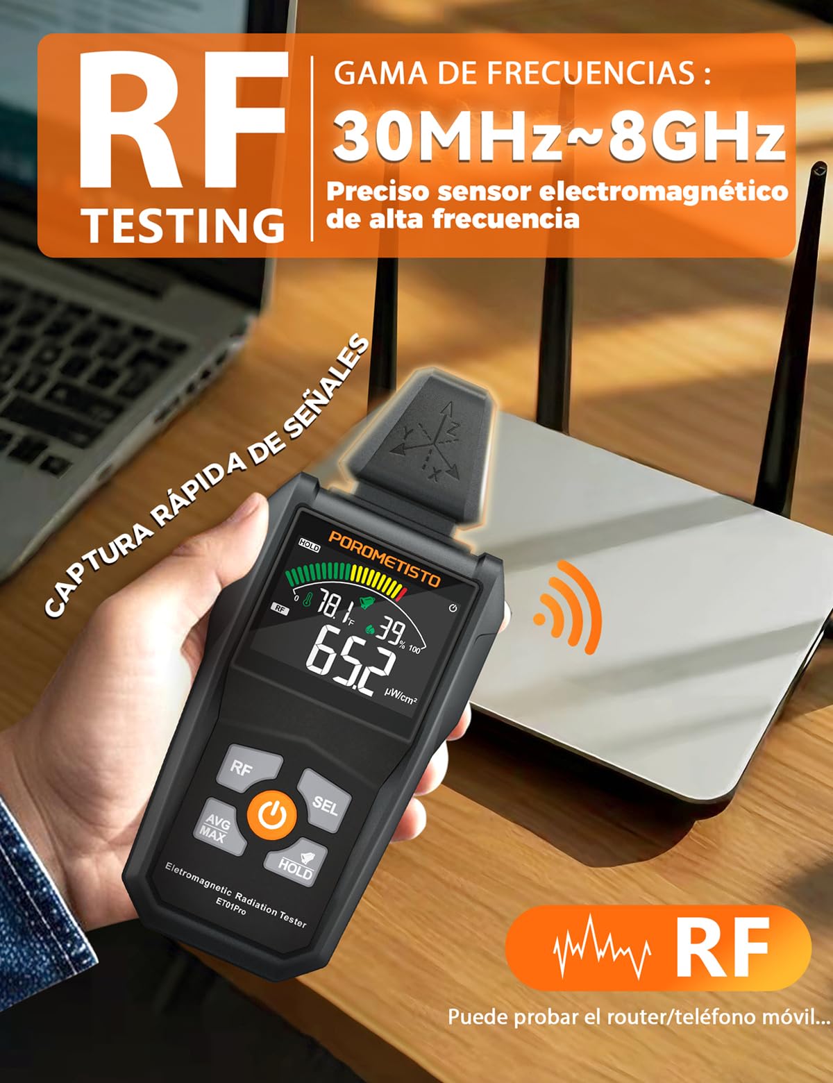 5 EN 1 Medidor EMF ET01PRO,POROMETISTO Detector De Radiación De Campo Electromagnético,Detector EF/MF/RF que Mide Temperatura y Humedad (30MHz-8GHz),Ideal para Casa, Ghost,CazaFantasmas