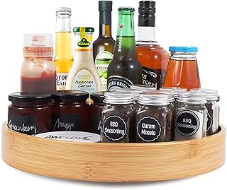 Lazy Susan Organizer 14 inch, Bamboo Lazy Susan for Table, Kitchen Turntable Organizer with Double Handles, Round Wood Rotating Turntable Spice Organizer for Countertop Cabinet or Pantry