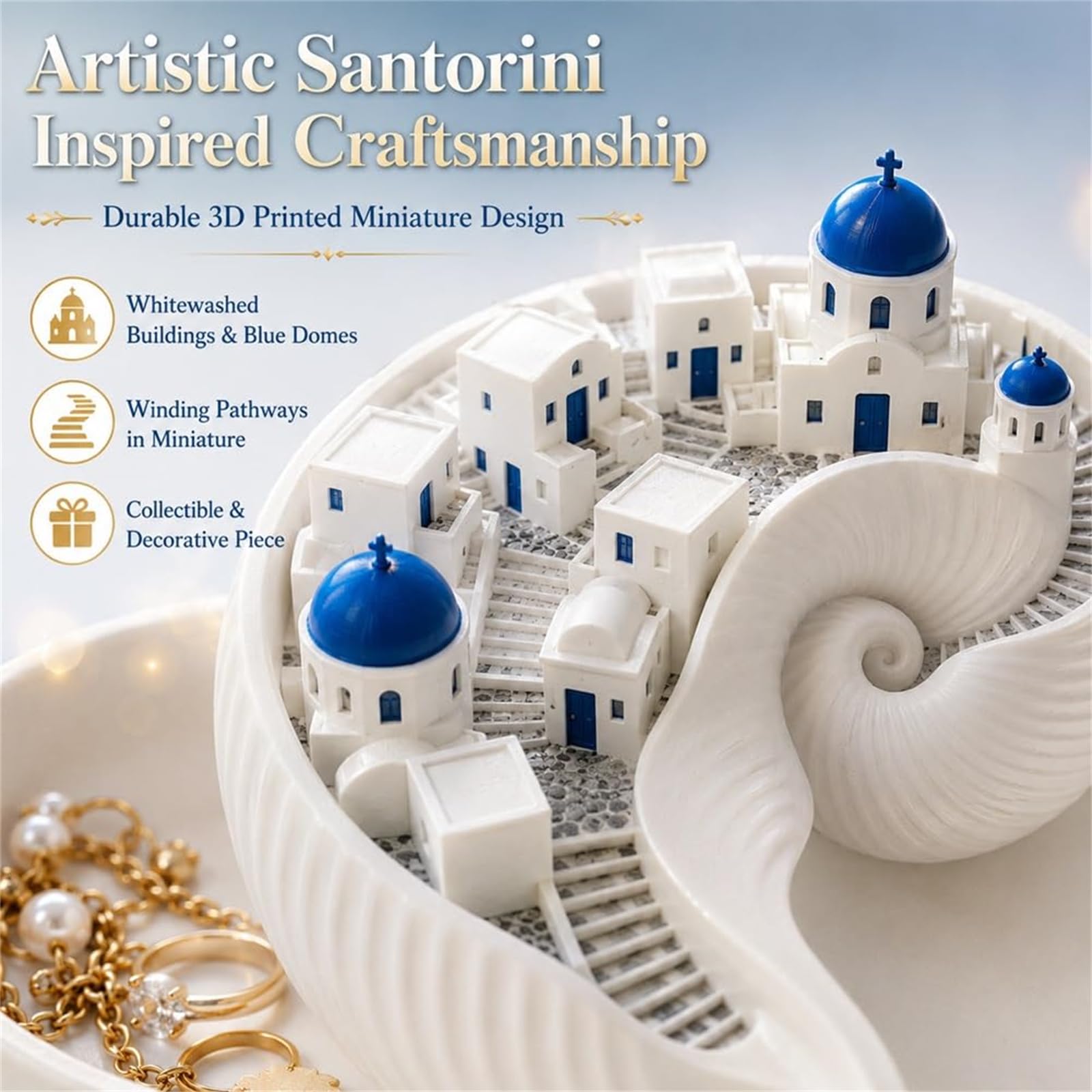 Bol fourre-tout de Santorin, organisateur d'île grecque imprimé en 3D pour clés, bol fourre-tout de conque de bâtiment en dôme bleu, plateau décoratif de style architectural pour clés (2pcs)