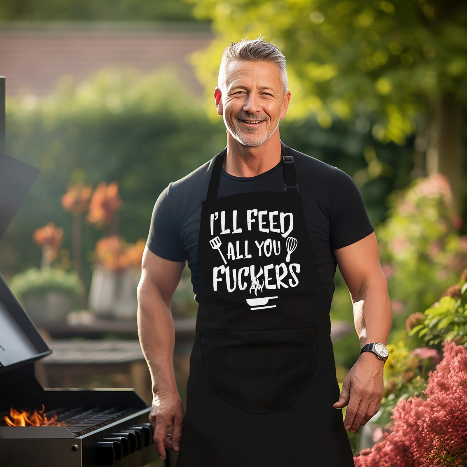 LINEN CLOSET®Funny Gifts for Men Bbq Chef Aprons for Men Rude Black Kitchen Cooking Grilling Aprons for Christmas Cooking Gifts for Dad Son Father Husband with 2 Pockets- I'll Feed All You - Image 3