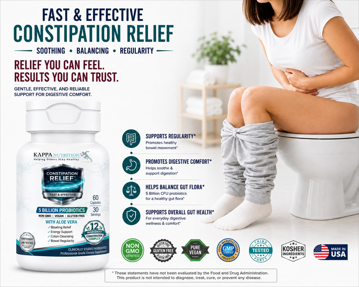 KAPPA NUTRITION Constipation Relief Supplement – Gentle Colon Cleanse for Regularity & Gut Health – Non-Habit Forming Formula with Fiber, Herbs & Probiotics (60 Count) — Amazon image 3
