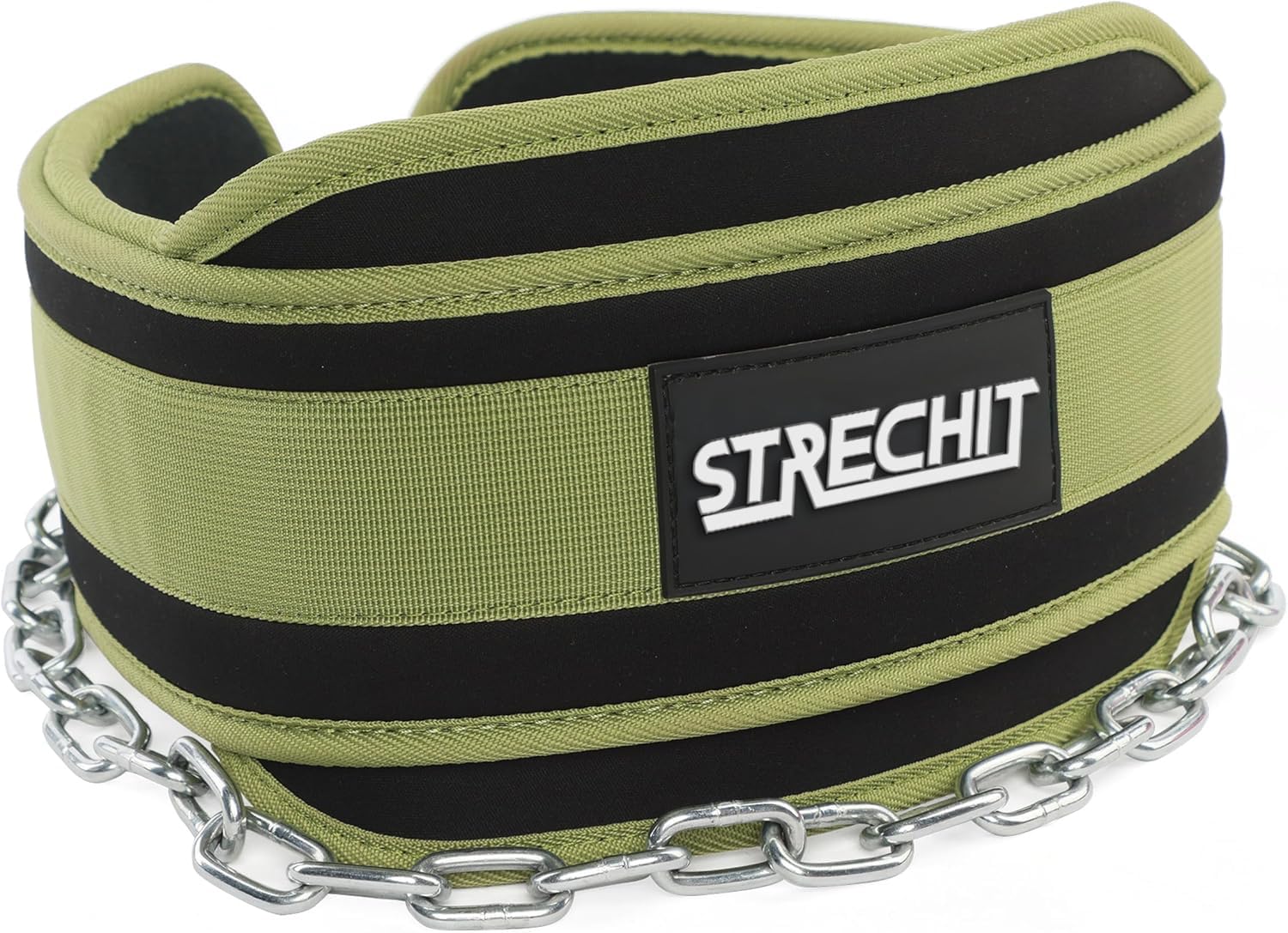 STRECHIT Green Dip Belt with 36" Steel Chain for Pull-Ups & Dips, Weighted lifting belt with Neoprene Padding, Heavy-Duty Carabiners, Durable for Strength & Fitness Workouts
