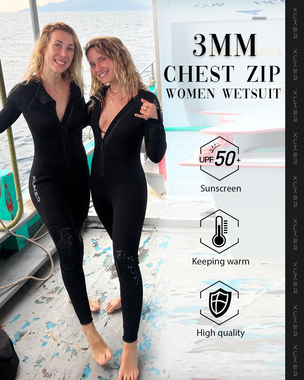 XUKER Wetsuit Men Women 3mm, Neoprene Wet Suits Front Zip Full Body Long Sleeve Diving Suit in Cold Water for Water Sports - Image 3