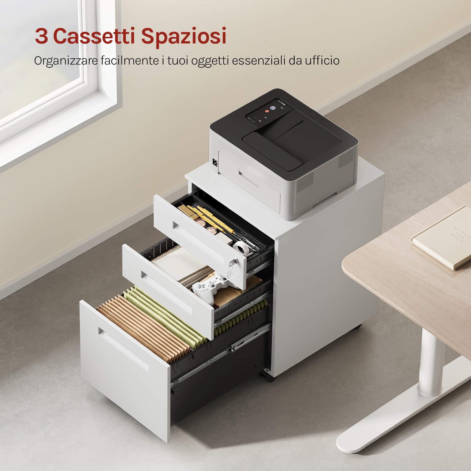 WOLTU Cassettiera da Ufficio Scrivania Studio con Rotelle Mobiletto con 3 Cassetti e Serratura per Documenti Cartelle Sospese Cancelleria, Pre-Assemblato, metallo Bianco