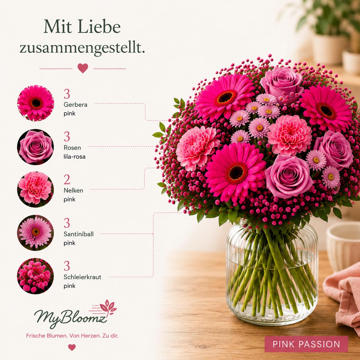 MyBloomz Pink Passion | Premium Blumenstrauß mit Gerbera, Rosen & Chrysanthemen | Frisch gebunden | sicher verpackt | Geschenk für Geburtstag, Liebe, Danke & besondere Momente