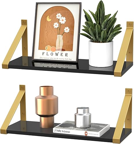 Estantes flotantes dorados y negros montados en la pared, juego de 2, acrílico transparente de 8 mm, estantes de pared invisibles para dormitorio,
