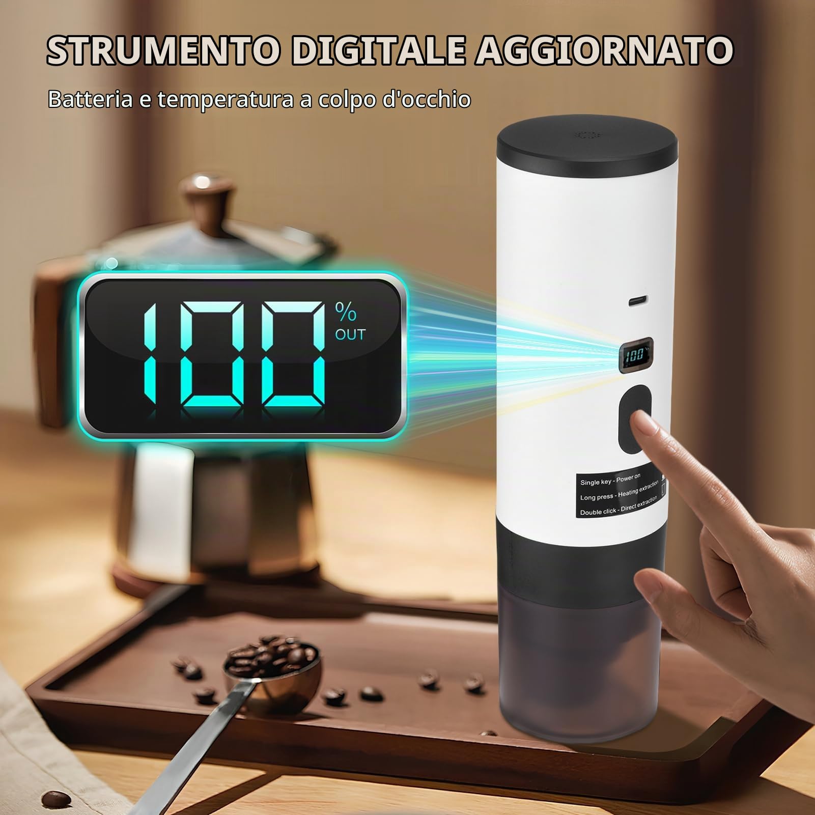 Macchina per caffè espresso elettrica portatile, Macchina per il caffè 3 in 1 senza fili con riscaldamento automatico e display digitale, per viaggi, campeggio e auto