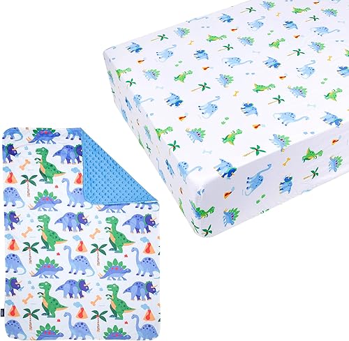 Wildkin Paquete de sábanas ajustables de algodón para cuna con manta de felpa (Dinosaur Land)