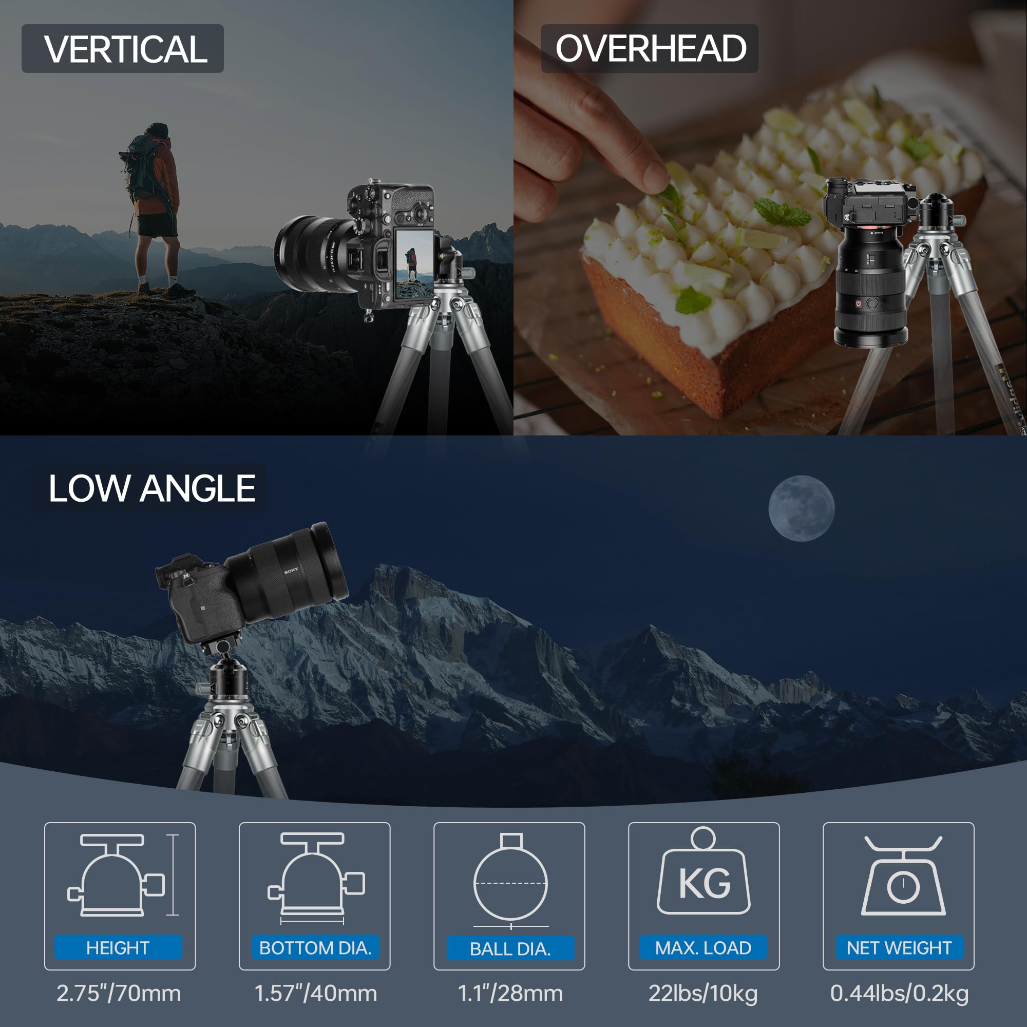 Manbily Q-28 Kamera Kugelkopf 28mm für Stative Low-Profil Kugelköpfe Halterung Einbeinstativ Schießen Metall Aluminium Max 10kg, mit doppeltem U-Slot Arca-Swiss QR-Platte für DSLR Telefon