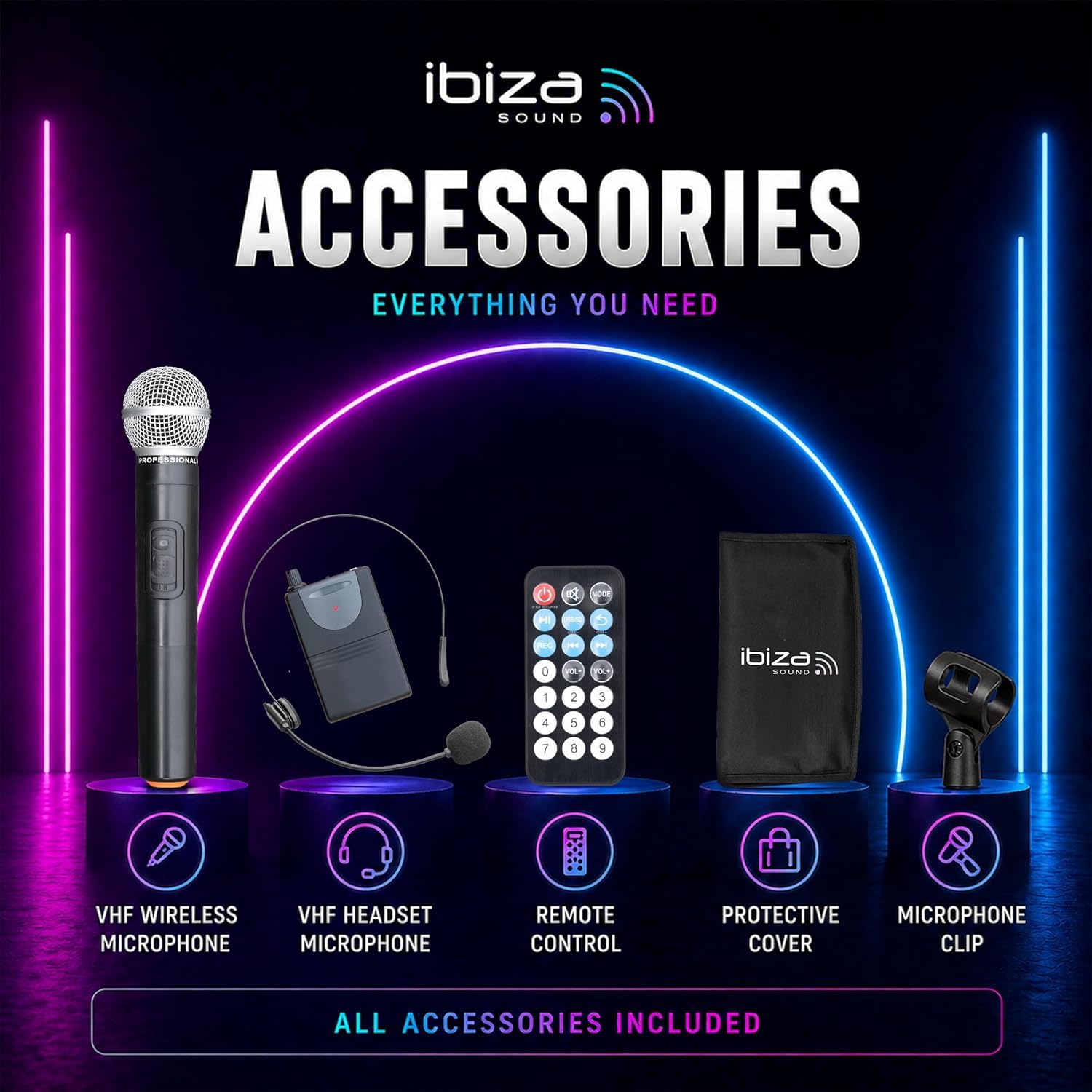 Ibiza Sound Enceinte Sono Portable 15" 800W Batterie Bluetooth Karaoké 3 Micros VHF Main Tête, Support Pied