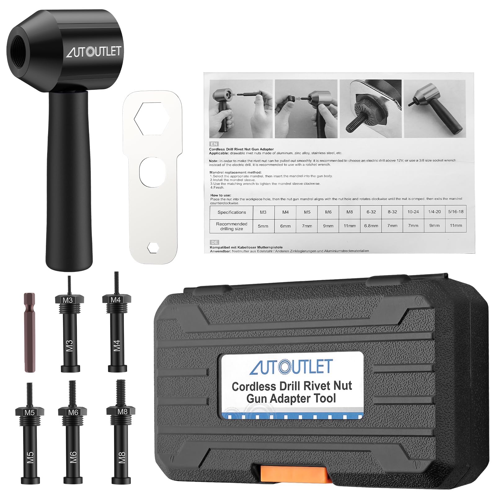 AUTOUTLET Adaptador de Remachadora para Taladro, 5 Mandriles Reemplazables M3-M8, Compatible con Tuercas de Aluminio y Acero (Negro)
