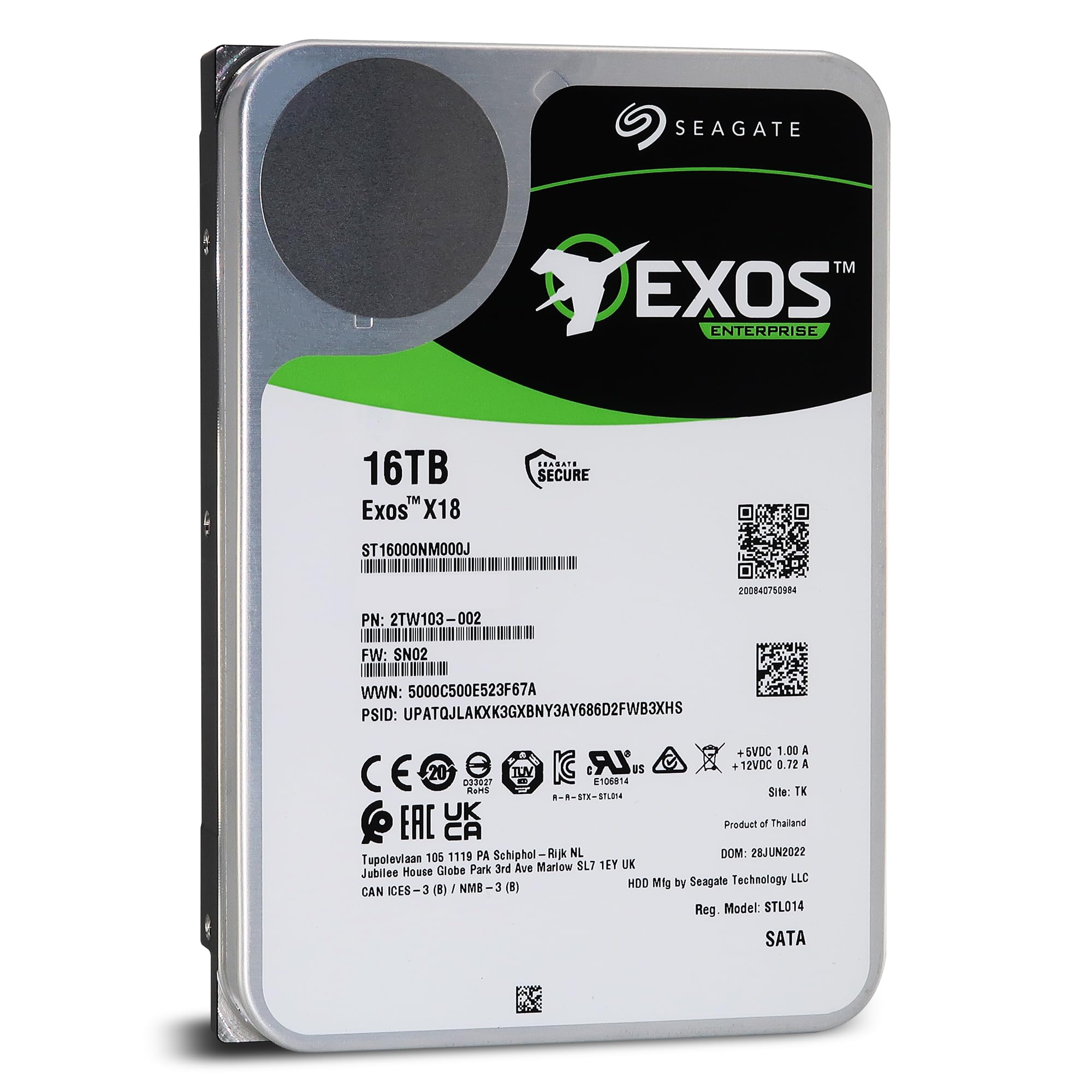 Seagate Exos X18 16TB Enterprise HDD - CMR 3.5 Inch Hyperscale SATA 6Gb/s, 7200 RPM, 512e and 4Kn FastFormat, Low Latency with Enhanced Caching (Renewed)