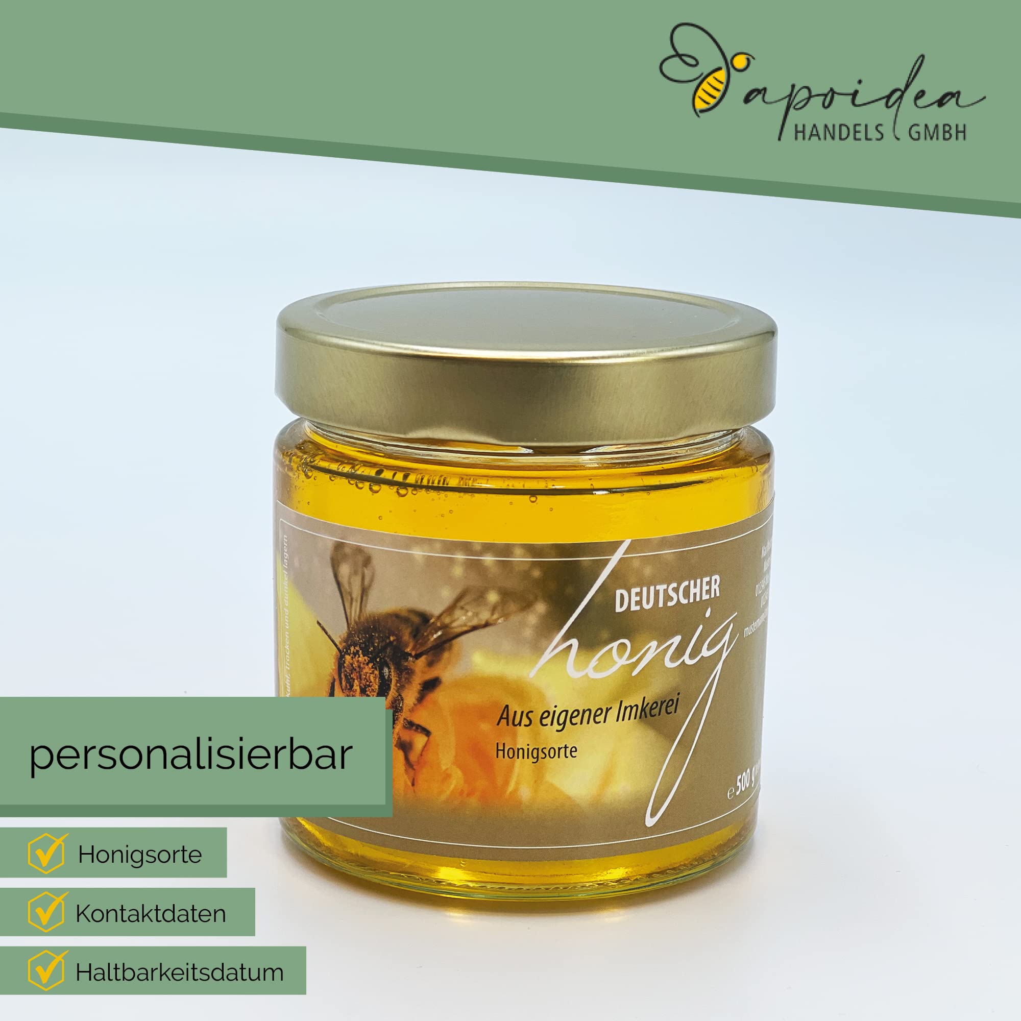 Apoidea – Honig Etiketten Rechteckig selbstklebend & personalisierbar - 500 Stück/Etiketten Honiggläser 500g / Honig Aufkleber für selbstgemachten Honig/Honigetiketten für Honiggläser
