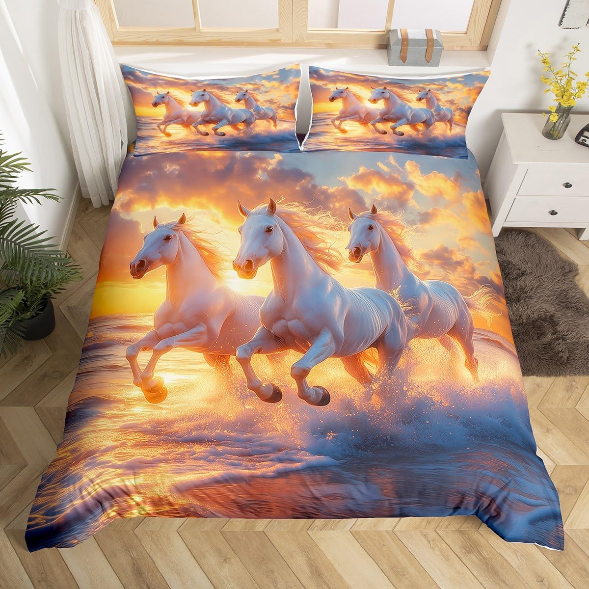 jejeloiu White Horse Duvet Cover Toddler Size Kids Galloping Horse Comforter Cover Set for Boys Girls Teens Cute Animal Decor Bedding Set Breathable Sunset Ocean Bedspread Cover Room Decor Quilt Cover